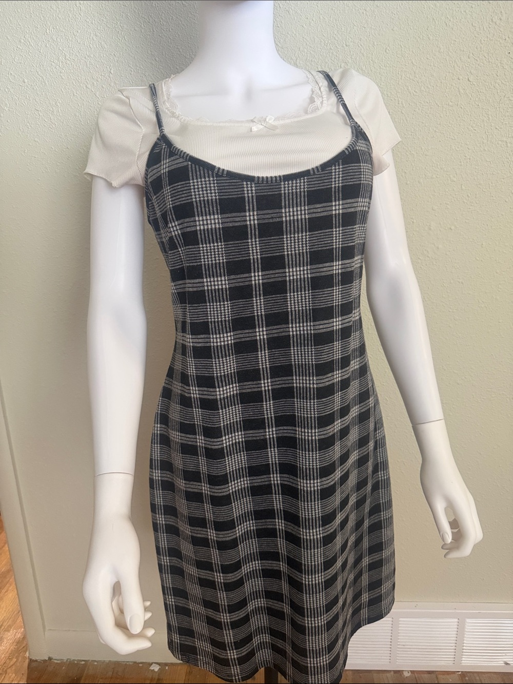 Black & White Plaid Slip Dress & White knit top